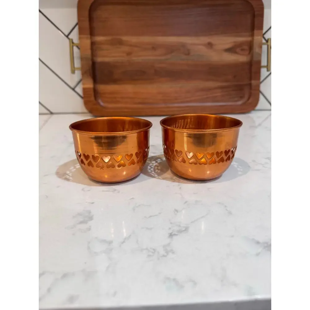 Pair of polished copper-heart cutout border 90s tea light candle holders Vintage
